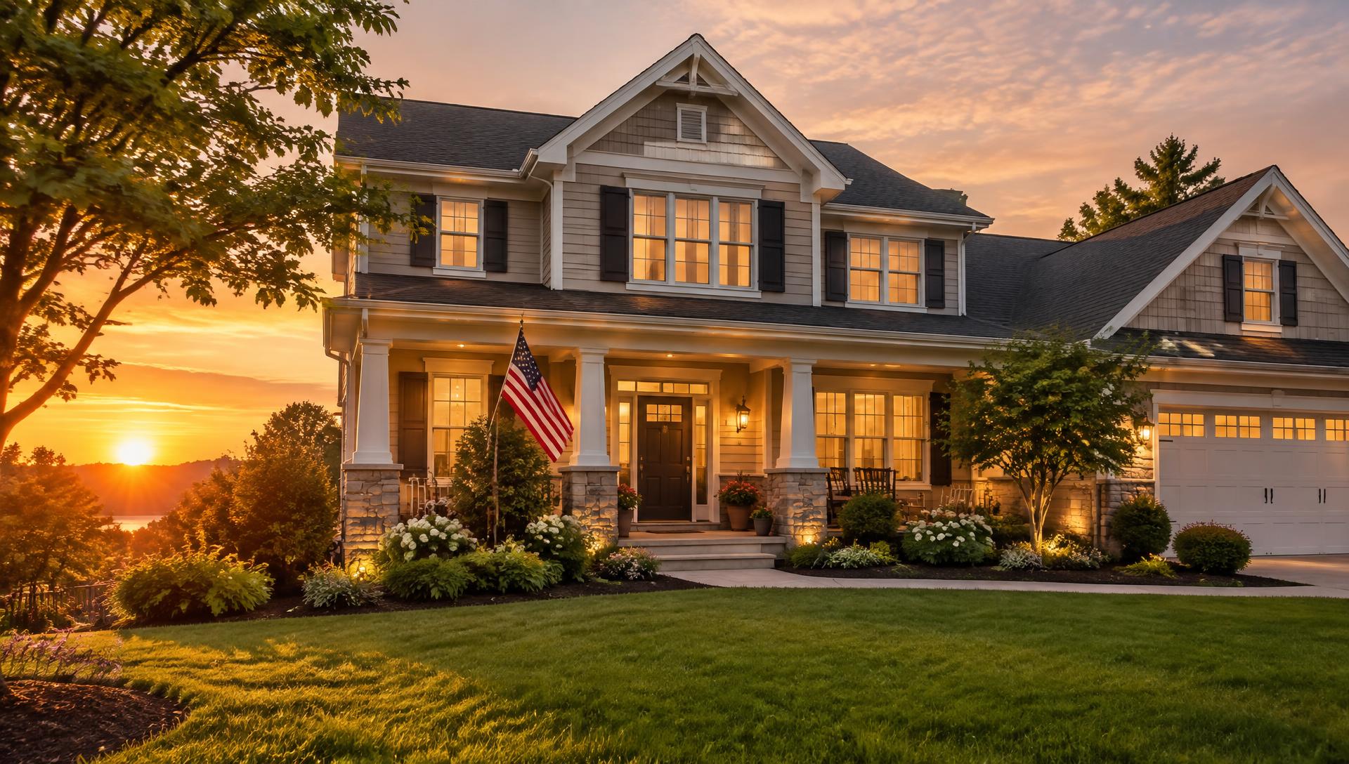 A warm, welcoming home at golden hour with an American flag by the entrance