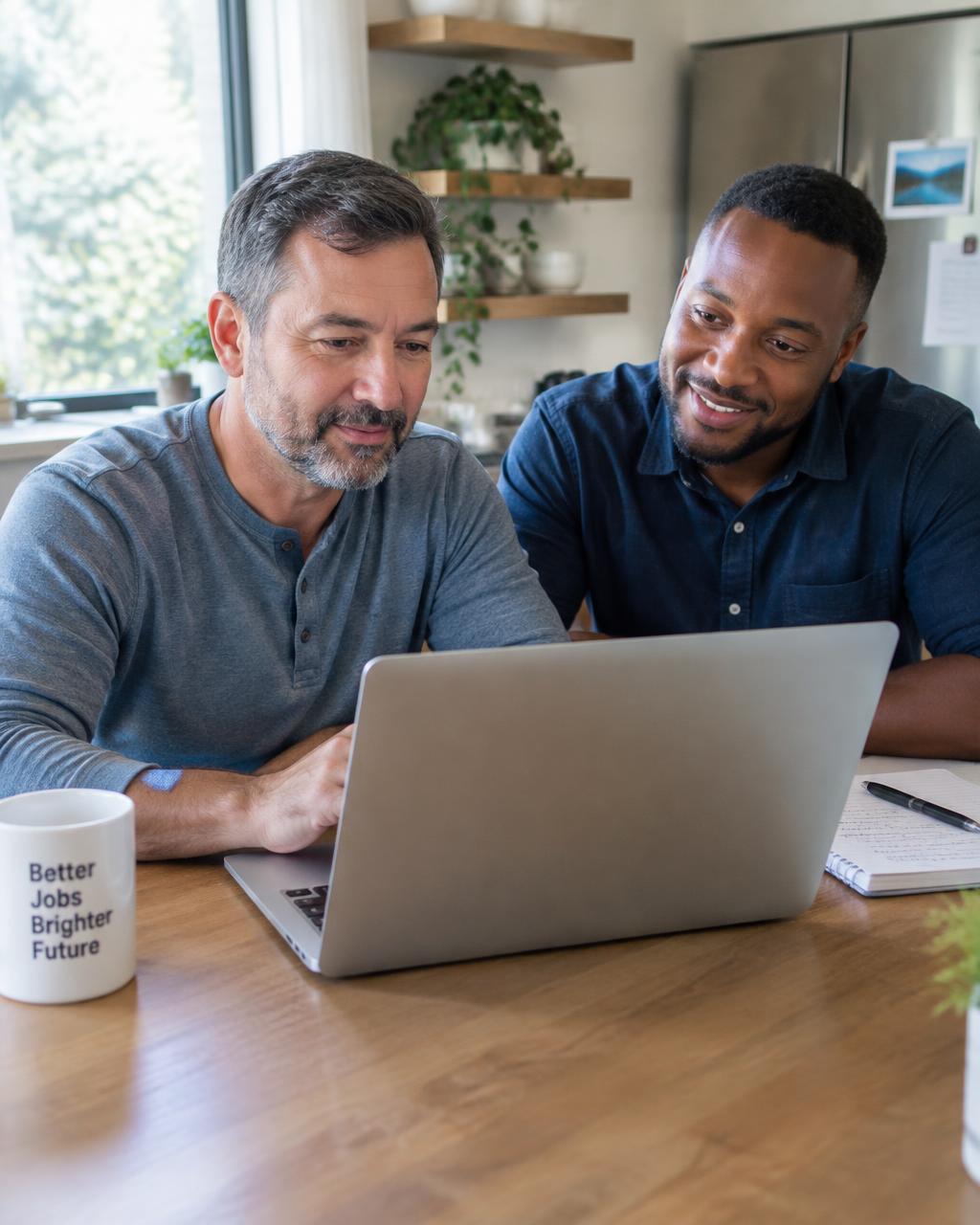 Two men reviewing job resources on a laptop at a kitchen table