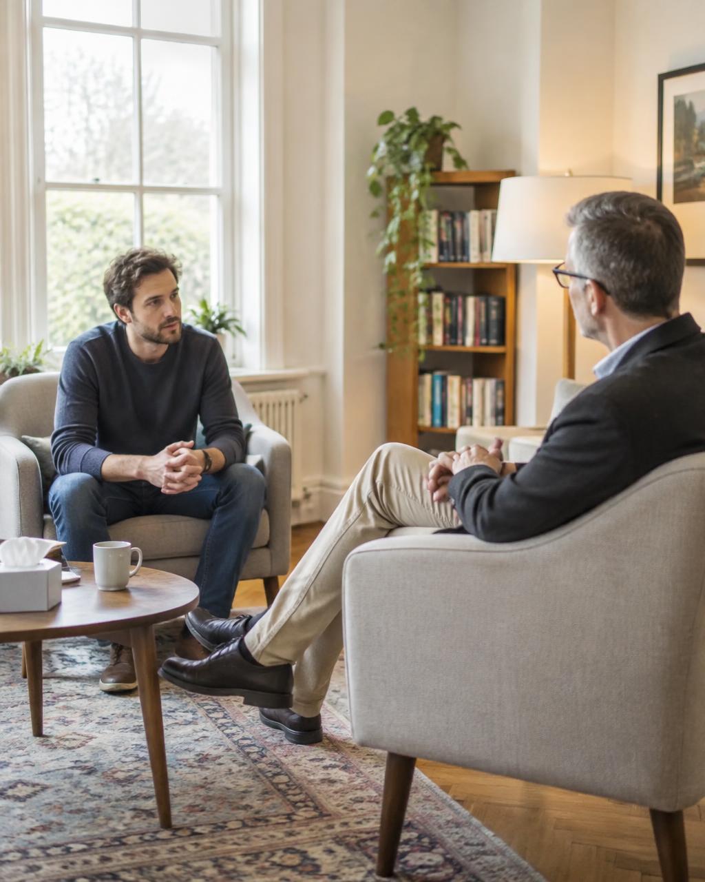 Calm counseling conversation in a bright room